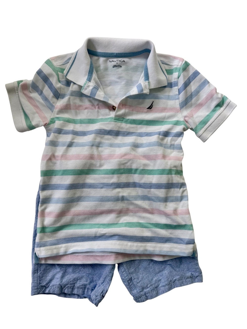 Nautica White Polo with Pastel Blue, Green & Pink Stripes and Shorts Set